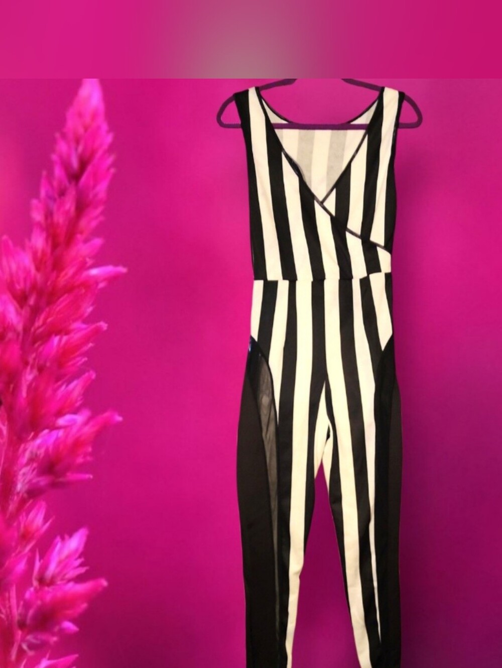 Si Style Black And White Striped Mesh Insert Bodycon Jumpsuit